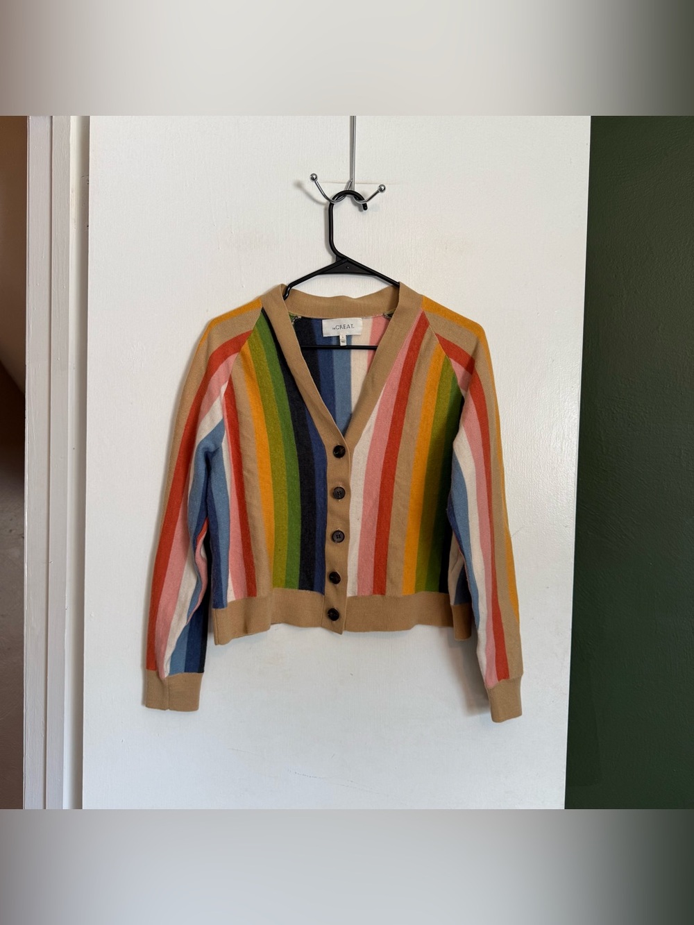 The GREAT rainbow multicolor striped button down wool blend cardigan sweater